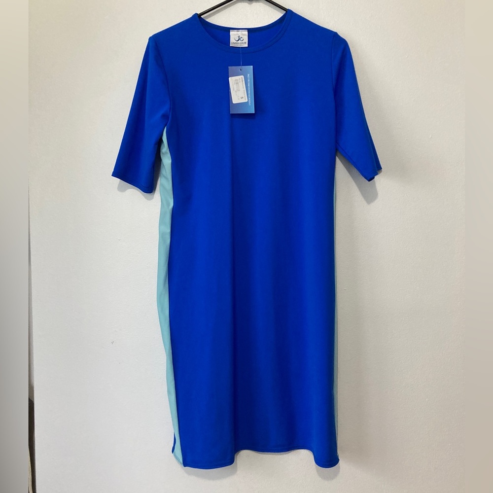 Under Cover Waterwear Swim Dress cover up size small blue with stripes NWT